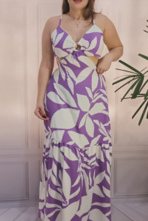 Vestido Longo Djully - Estampado Lilas e branco