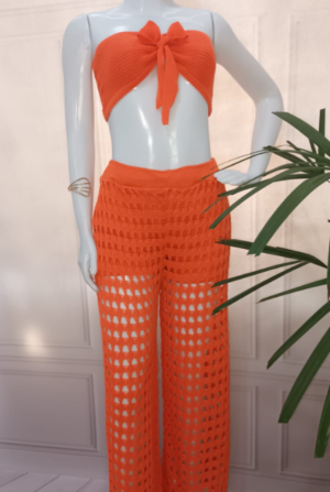 Conjunto Trico Cropped e Pantalona - Laranja