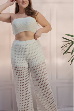 Conjunto Trico Cropped e Pantalona - Creme (Top sem amarração)